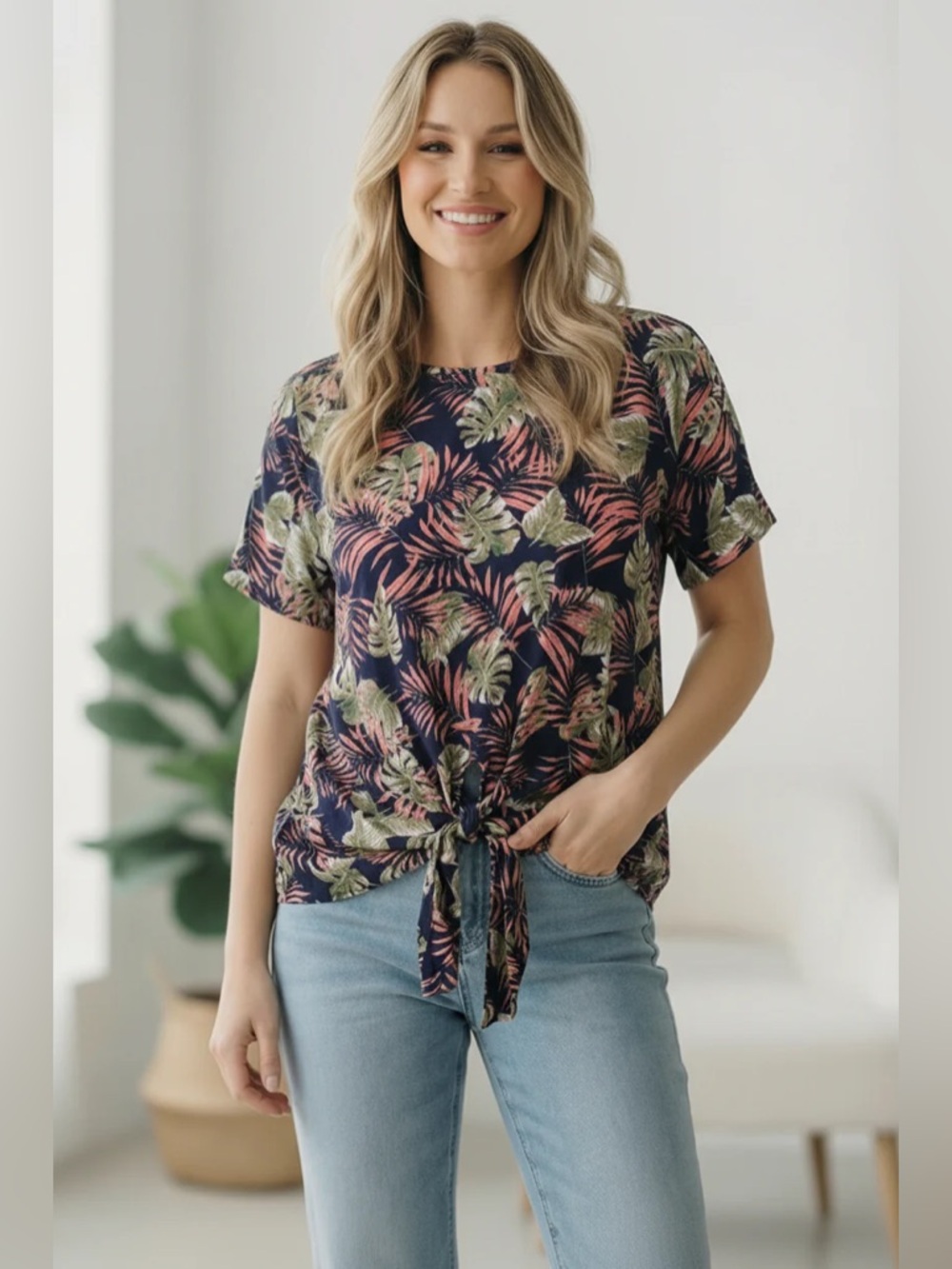 Tropical Tie-Front Short Sleeve Top - Navy with Coral & Green Leaf Print